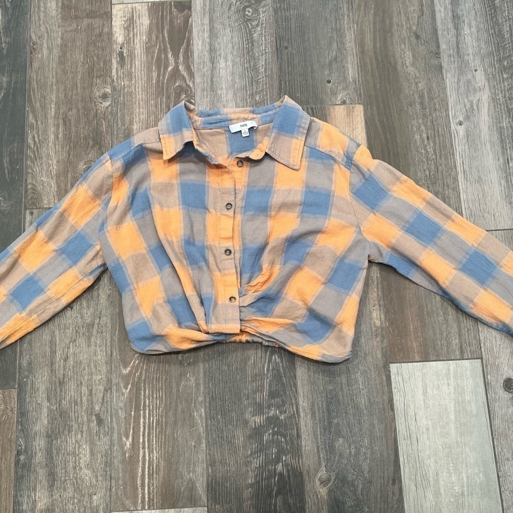 Fate Top Womens Large Blue Orange Cotton Angela Plaid Cropped Long Sleeve Casual